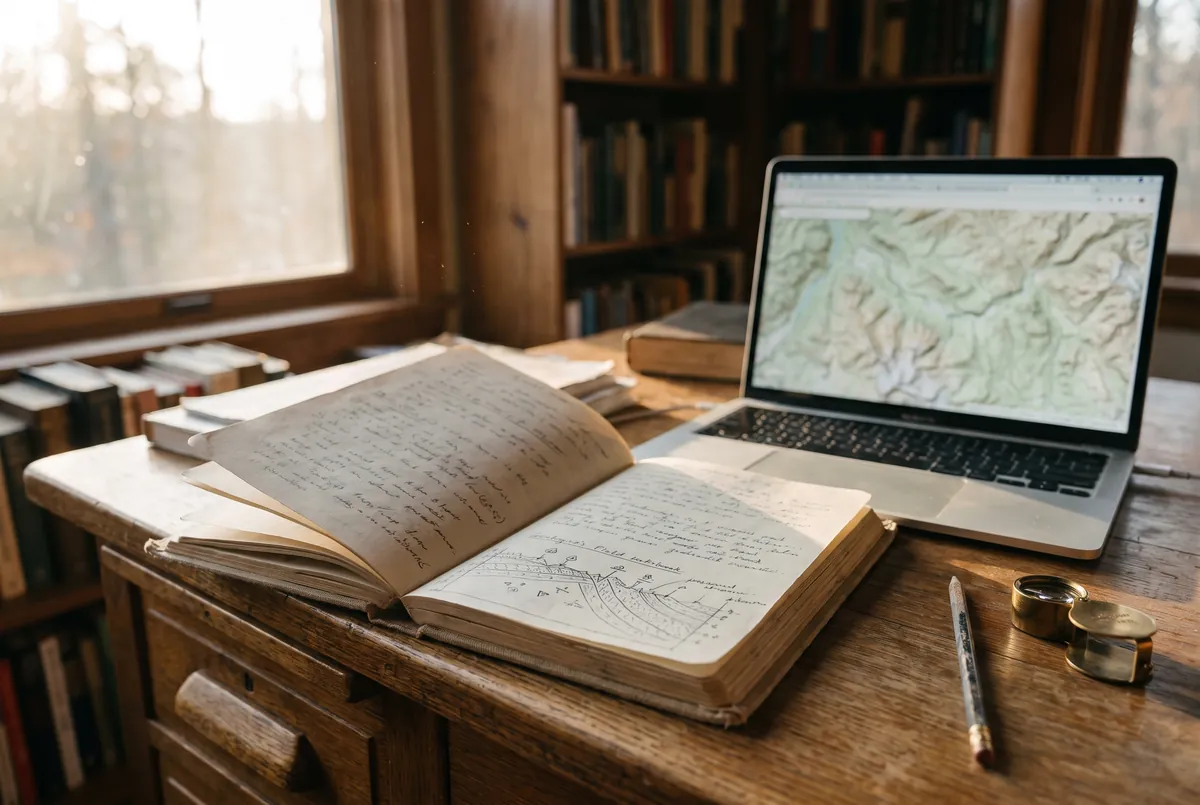A field notebook with a geological sketch beside a laptop showing a map