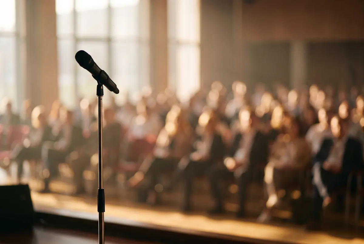 A microphone on a conference stage in front of an audience