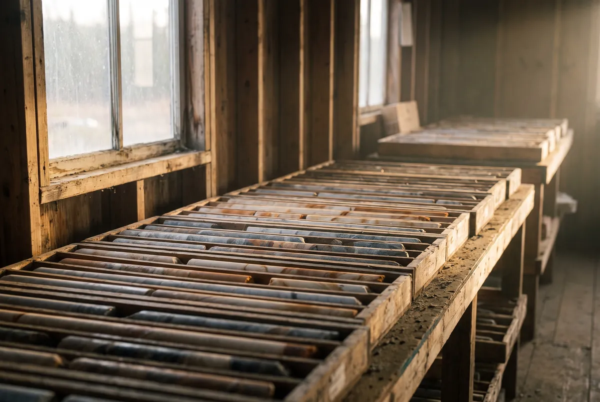 Drill core laid out in wooden core trays
